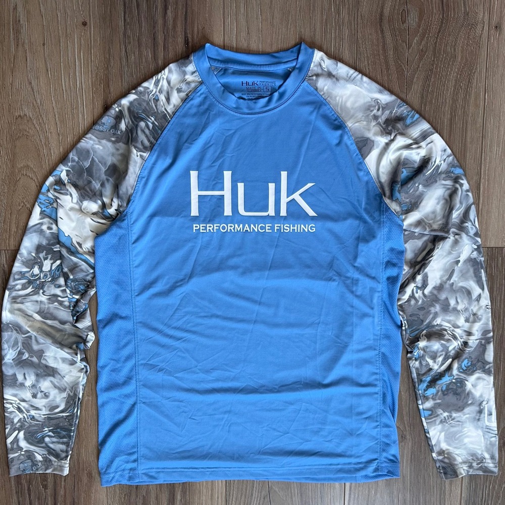 Huk Performance Fishing Shirt Mens Small Blue Mossy Oak Hydro Camo Long Sleeve